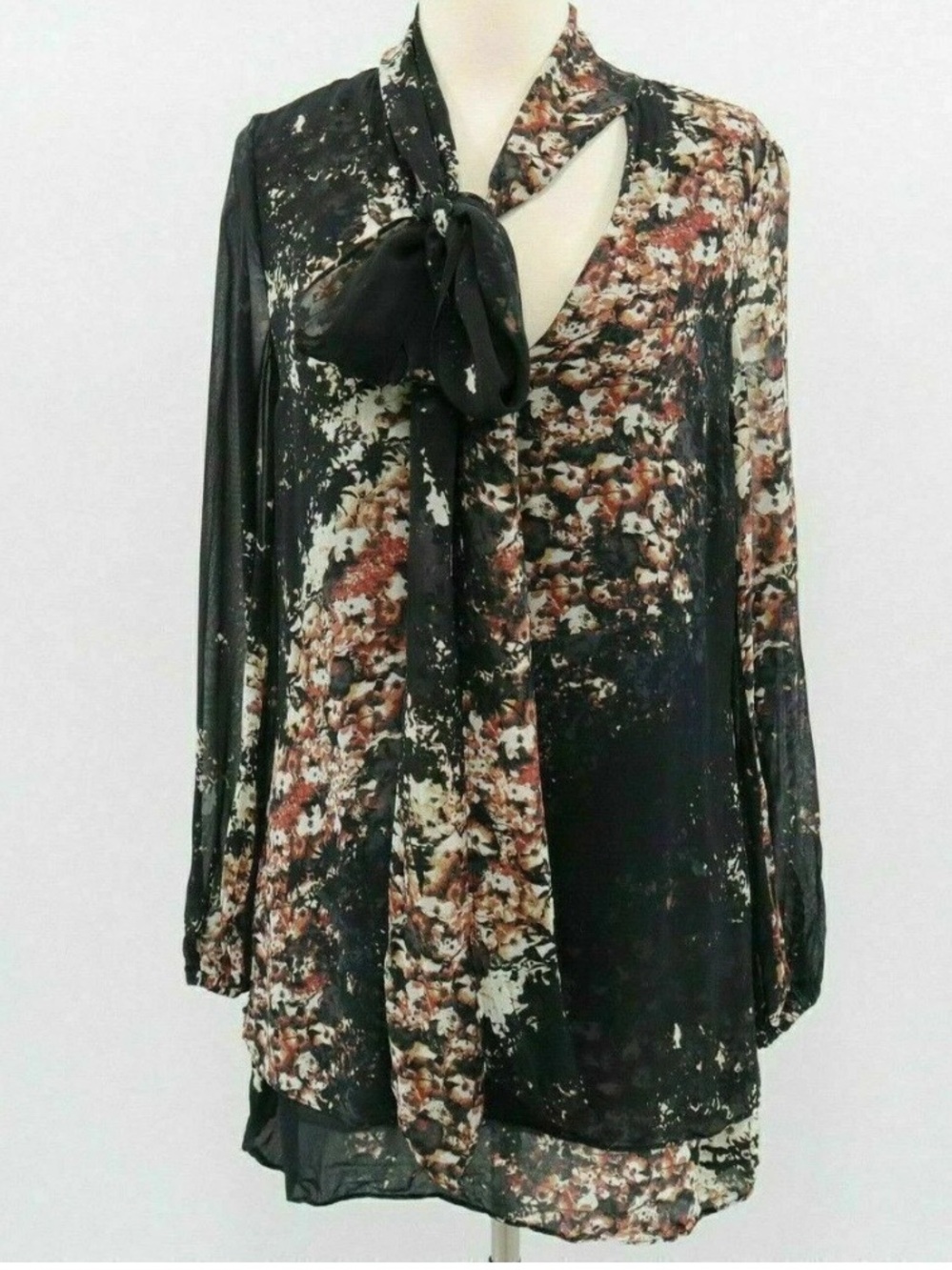 InterMix Silk Black Floral Tie-Bow Tunic Dress
